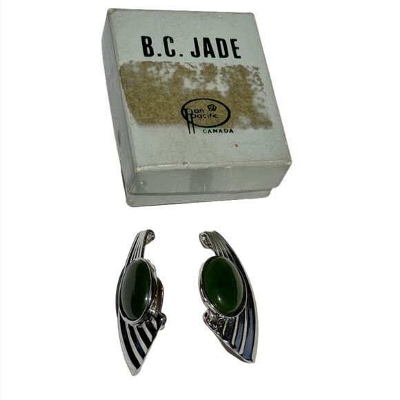 Jade Earrings - BC Canadian Jade Clip On - Pan Pacific Modernist - Picture 1 of 4